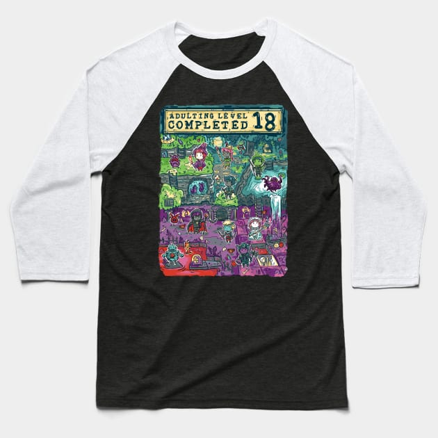 Adulting Level 18 Completed Birthday Gamer Baseball T-Shirt by Norse Dog Studio